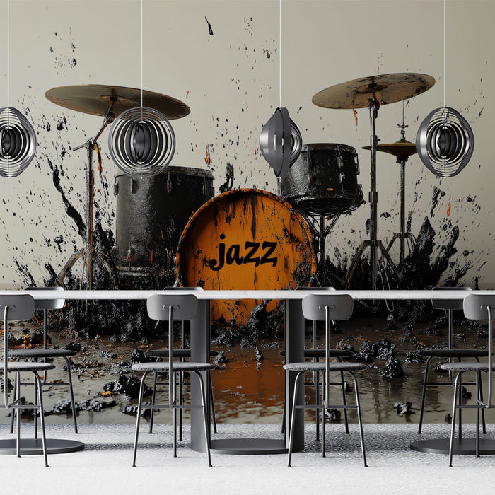 Explosive Jazz Drums Mural Wallpaper | Rhythmic Impact Unleashed