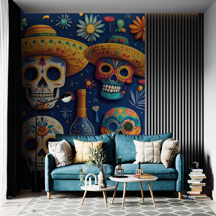 Festive Day of the Dead Illustration Mural Wallpaper | Whimsical Calavera Celebration