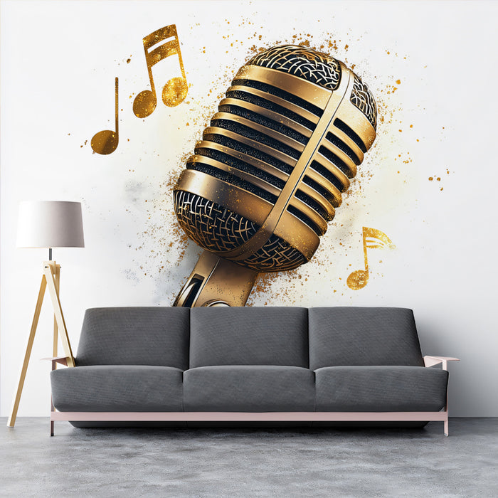 Golden Mic Vector Mural Wallpaper | Luxurious Sound Icon