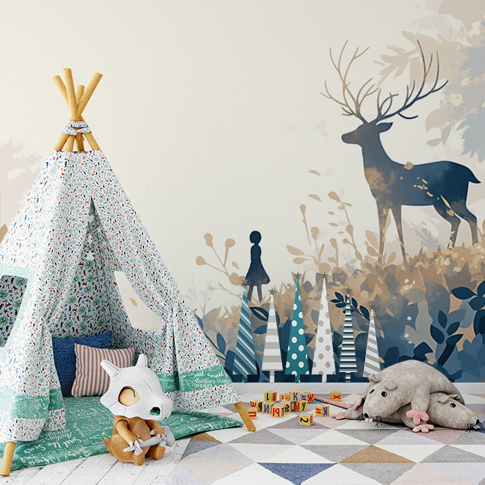 Deer and Bamboo Mural Wallpaper | Green, Blue and Beige Bamboo and Deer -1