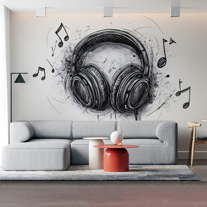 Dynamic Sketch Headphones Mural Wallpaper | Ink & Music Notes
