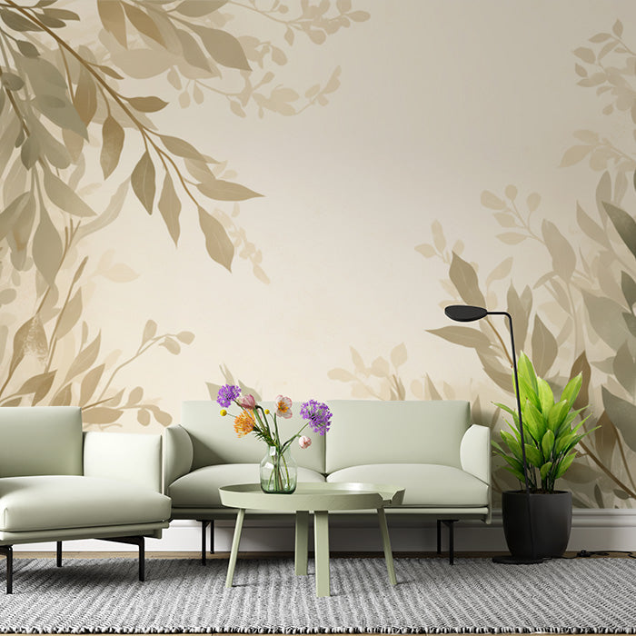 Green Leafy Mural Wallpaper for a living room | Various Shades of Green and Beige Leaves