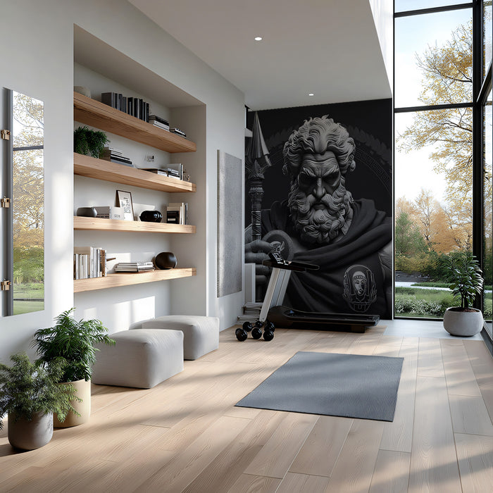 Greek God Mural Wallpaper | Monochrome Statue Warrior with Spear and Emblem