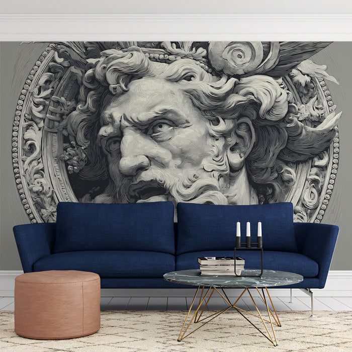 Baroque God Relief Mural Wallpaper | Mythical Head in Ornamental Frame