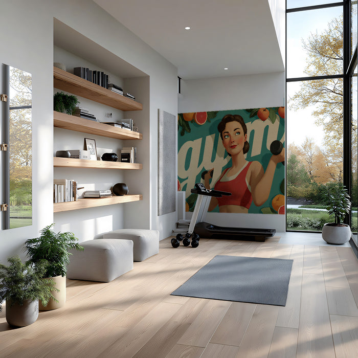 Retro Gym Girl Mural Wallpaper | Vintage Fitness Poster with Fruit Accent