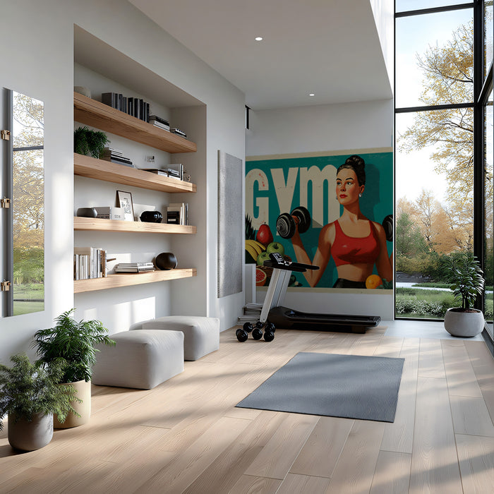 Vintage Gym Lady Mural Wallpaper | Retro Fitness Poster with Fruit Basket