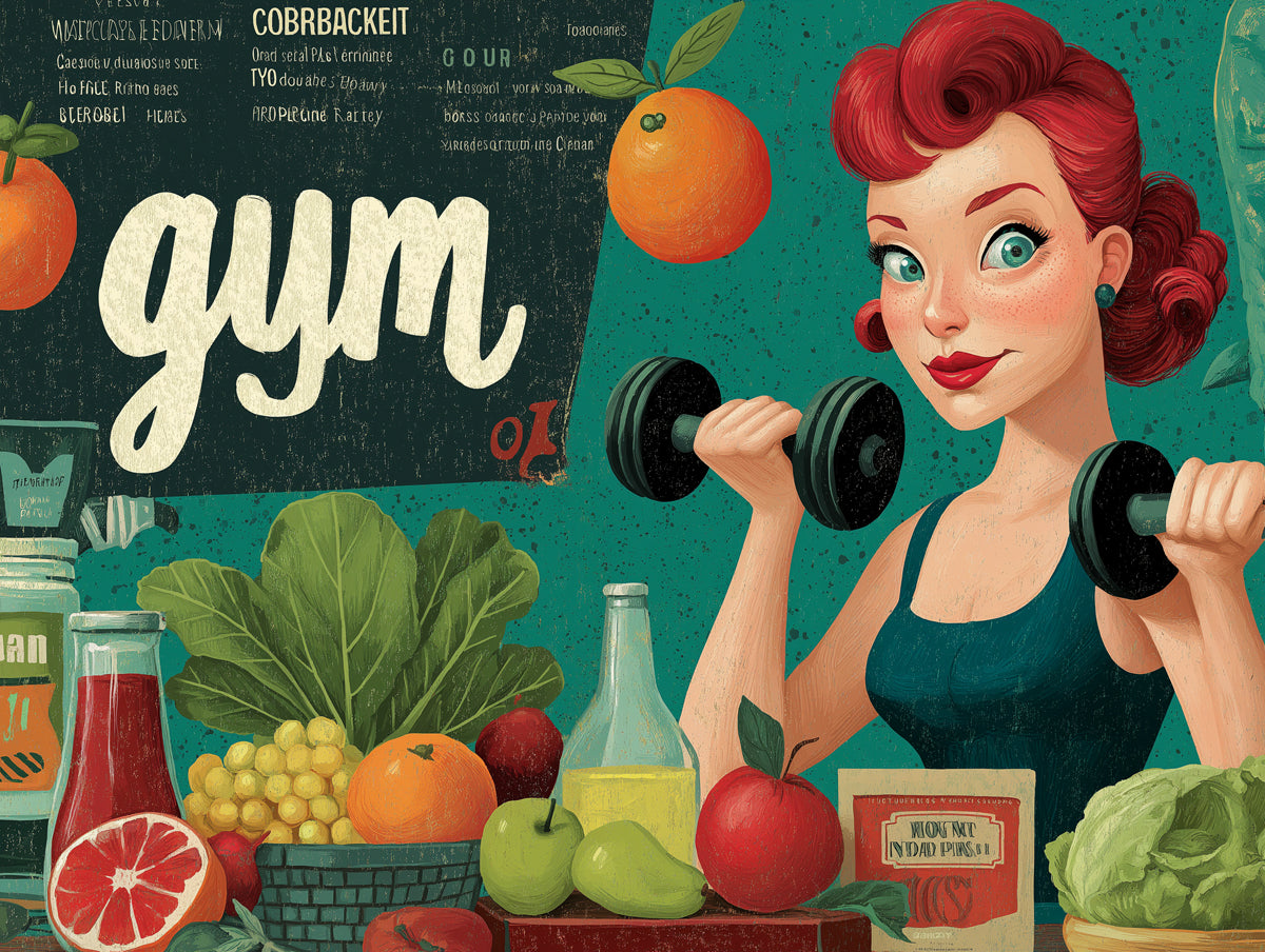 Carta da parati murale Ragazza Fitness Sana | Fitness retrò con vibrazioni di frutta e bar juice