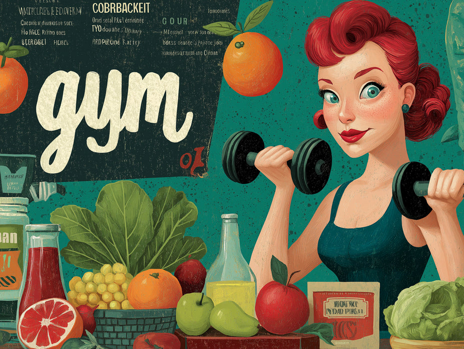 Carta da parati murale Ragazza Fitness Sana | Fitness retrò con vibrazioni di frutta e bar juice