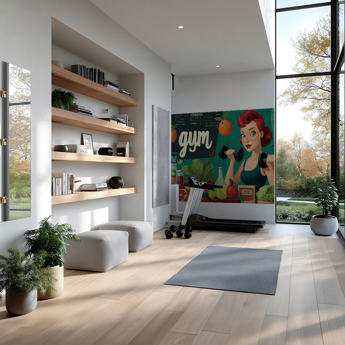 Healthy Gym Girl Mural Wallpaper | Retro Fitness with Fruits and Juice Bar Vibes