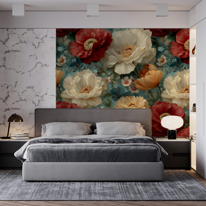 Opulent Peony Blossom Wallpaper | Crimson, Cream, and Teal