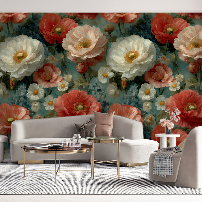 Romantic Peony Field Wallpaper | Blush, Coral, and Sky Blue