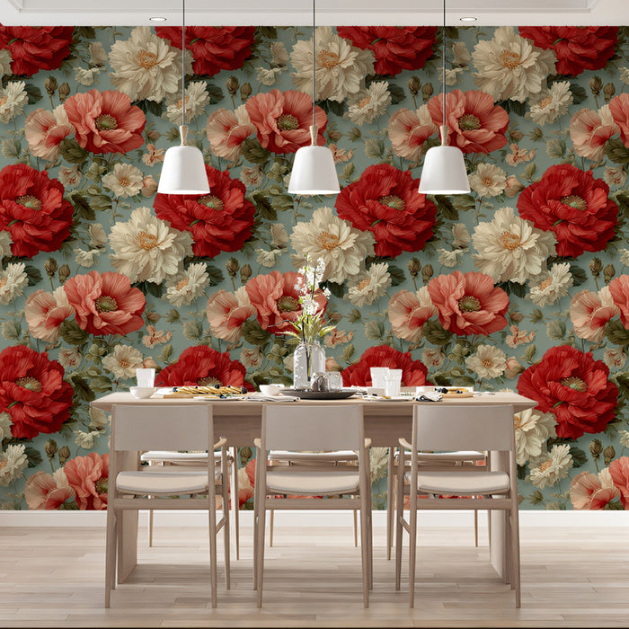 Vintage Floral Tapestry Mural Wallpaper | Ruby, Ivory, and Dusty Blue