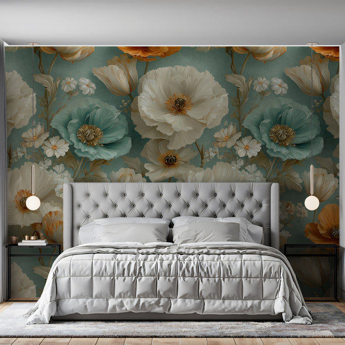 Mural de papel tapiz con diseño floral etéreo | Blanco nube, verde azulado y ámbar