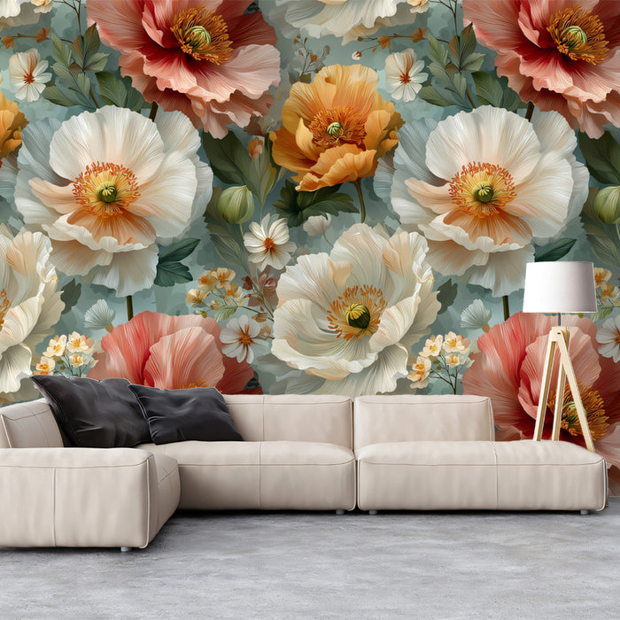 Mural Wallpaper Soft Peony Delight | Pesca, Bianco e Blu Cielo