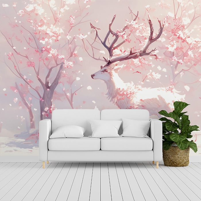 Papel tapiz mural de flores rosas y ciervos | Ciervo rosa blanco y marrón claro
