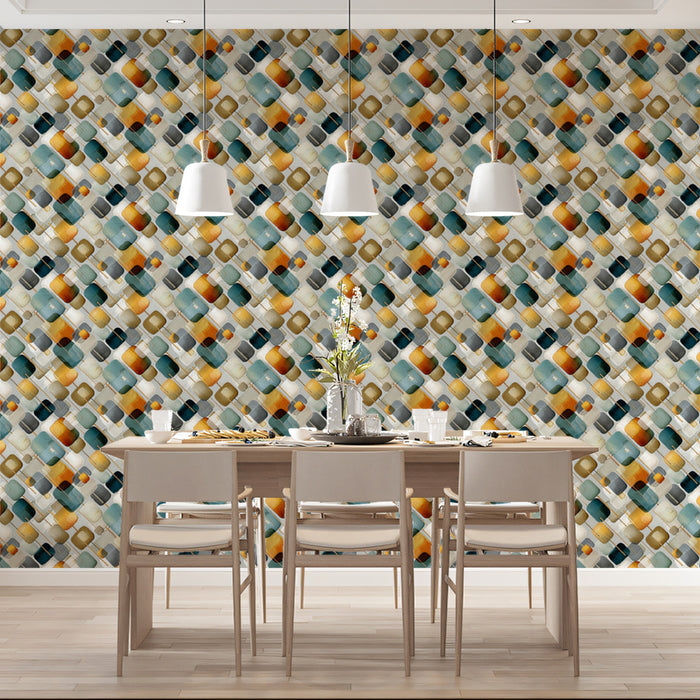 Papier peint en carreaux rétro facetés | Teal, orange et dégradé gris