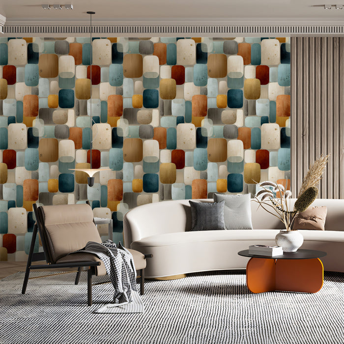 Modern living room with a colorful geometric wall pattern and a white sofa.