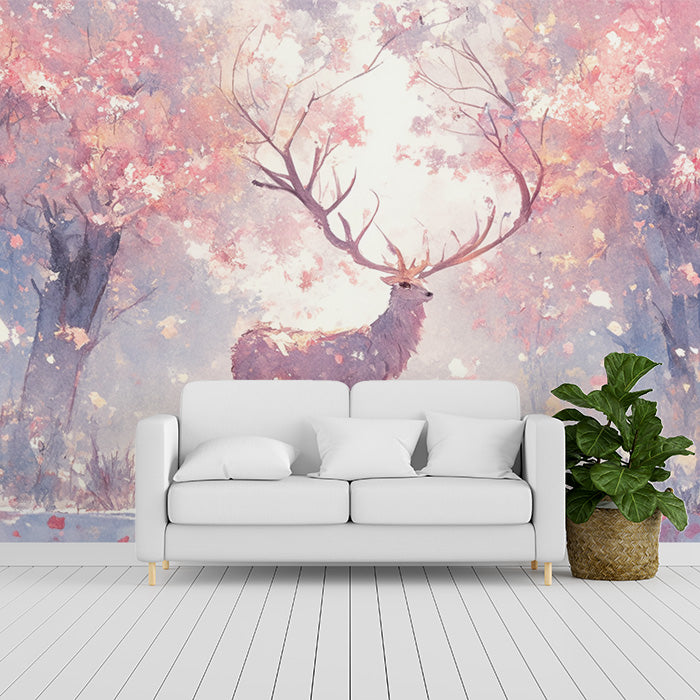 Papier peint mural à fleurs roses et cerfs | Cerfs roses, blancs et marron clair -1