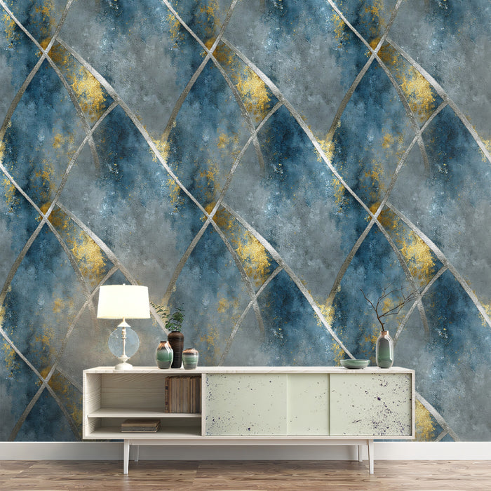 Geometric Mineral Vein Mural Wallpaper | Blue, Gray, and Gilded Gold