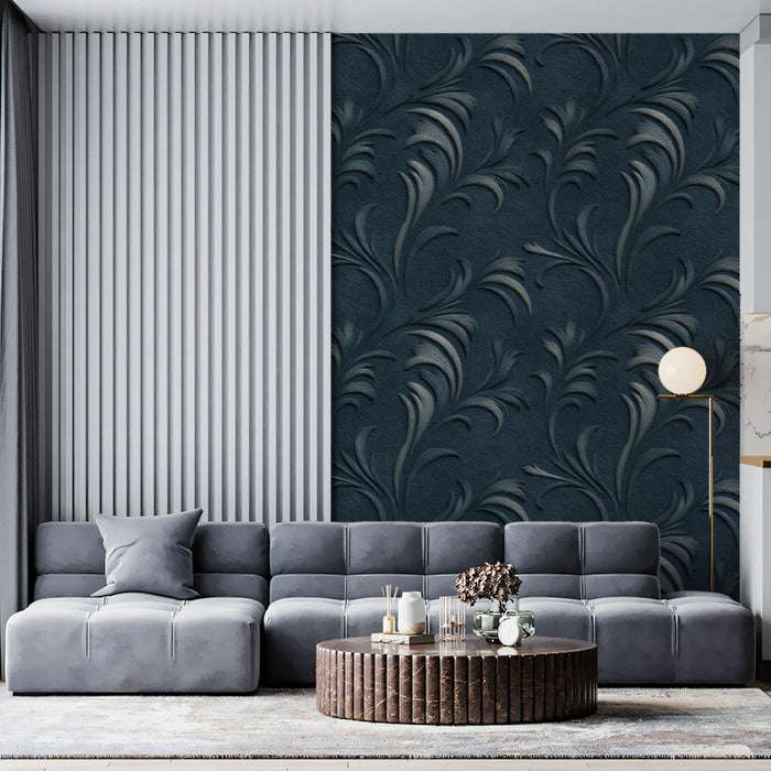 Papier peint mural Regal Damask Scroll | Bleu marine profond & gravure argentée