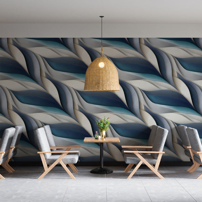 Sculptural Wave Flow Mural Wallpaper | Cool Blues & Grays