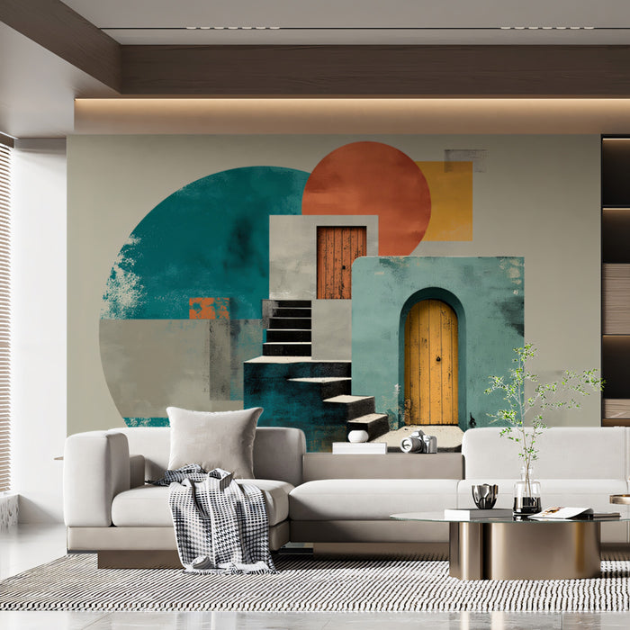 Abstract Mediterranean Architecture Mural Wallpaper | Teal & Terracotta