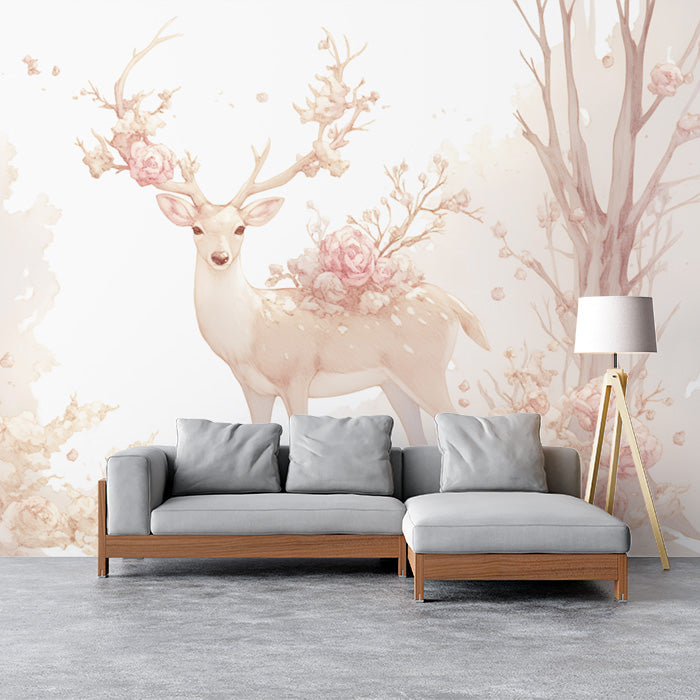 Hirsch mit Blumenantennen Wandbildtapete | Beige Rosa und Hellbrauner Hirsch