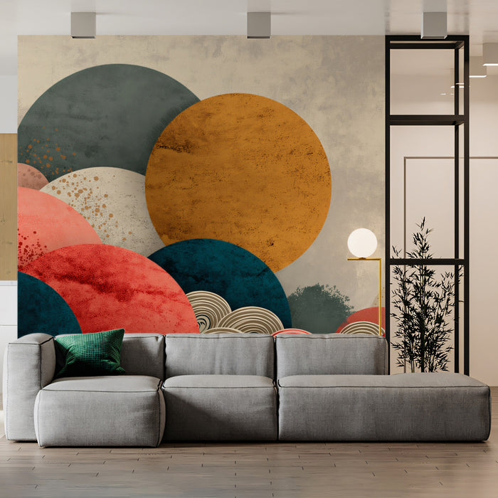 Textured Abstract Circles Mural Wallpaper | Earth Tones & Vibrant Hues