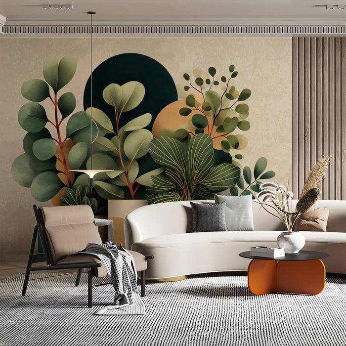 Artistic Leaf & Pot Arrangement Mural Wallpaper | Warm Greens & Golds