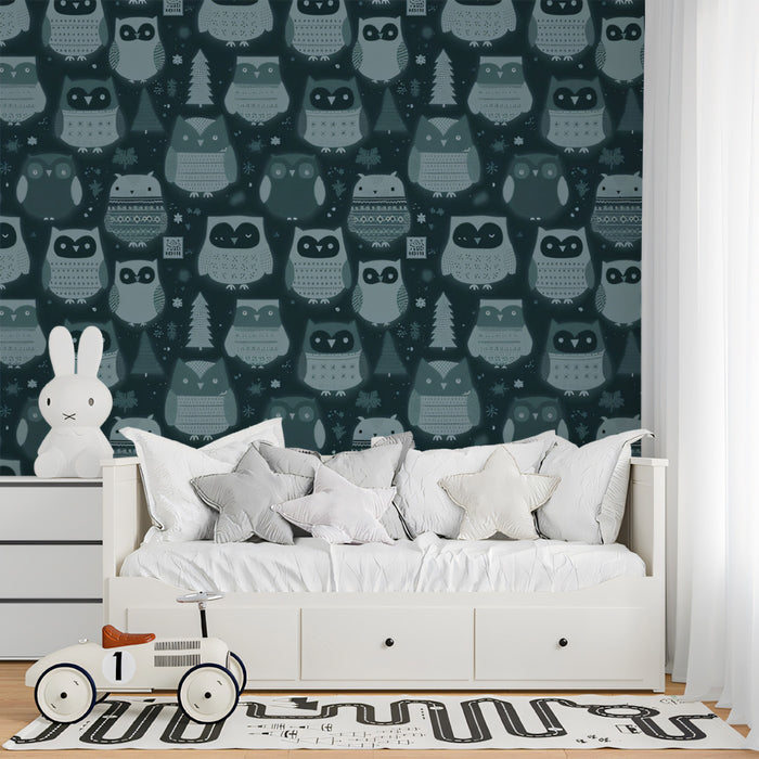 Mural de bosque de búhos caprichosos | Azul oscuro y gris apagado