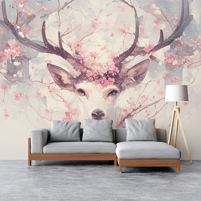 Hirsch mit Blumenantennen Wandbildtapete | Beige, Rosa und Hellbrauner Hirsch