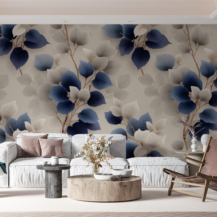 Carta da parati murale con eleganti sentieri botanici | Blu navy, grigio e beige caldo