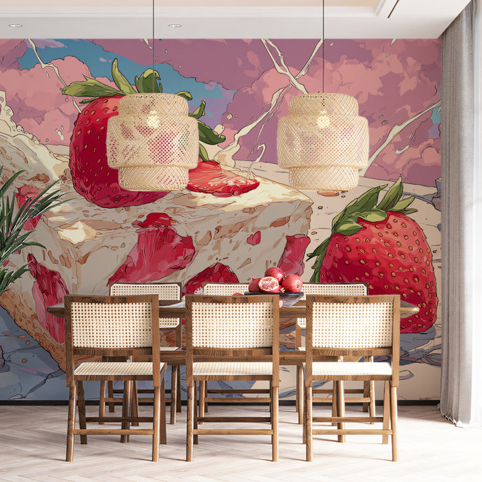 Whimsical Strawberry Delight Mural Wallpaper | Pink Sky & Fruity Art