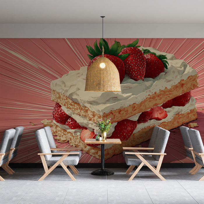 Pop Art Strawberry Shortcake Mural Wallpaper | Pink Burst & Sweet Indulgence