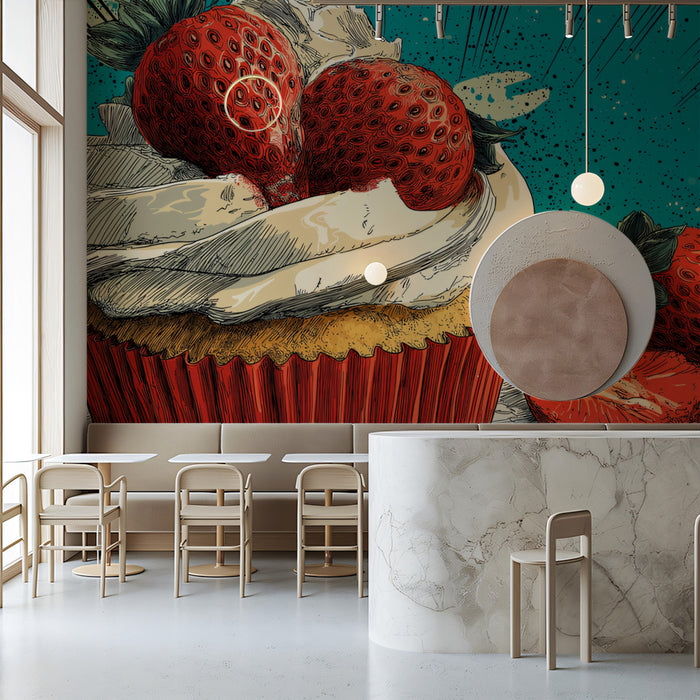 Frisson de Fraises Mural Papier Peint | Éclat Turquoise & Charme Comic