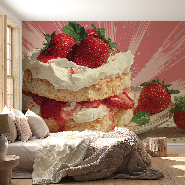Carta da parati murale classica con la torta di fragole | Fascino rosa nostalgico