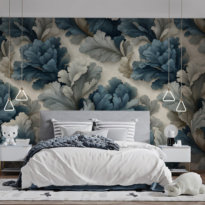 Elegant Acanthus Leaf Mural Wallpaper | Serene Blue & Gray Tones