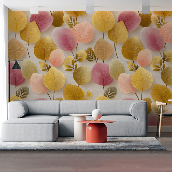 Autumnal Whisper Leaves Mural Wallpaper | Golden, Peach, and Plum