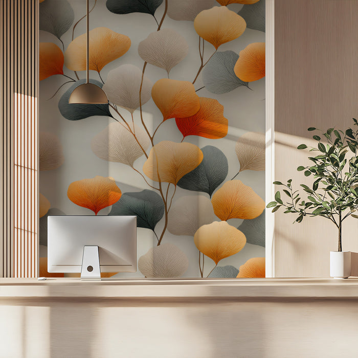 Ginkgo Cascade Harmony Mural Wallpaper | Orange, Gray, and Teal