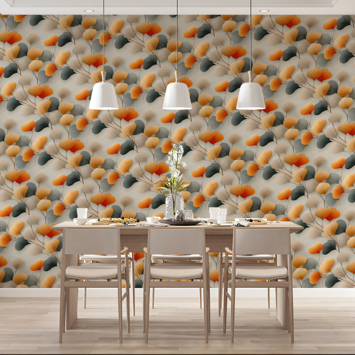 Subtle Ginkgo Scatter Mural Wallpaper | Muted Orange, Gray, and Teal