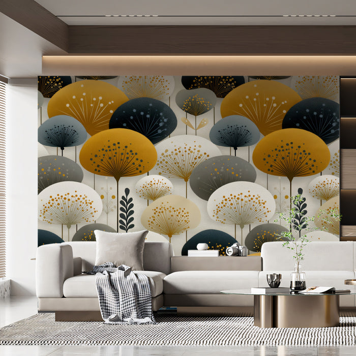 Whimsical Dandelion Dreams Mural Wallpaper | Mustard, Charcoal, and Blue-Gray