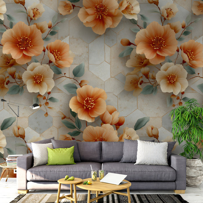 Sfondo Murale Floreale Apricot Soft | Piastrelle Geometriche & Fascino Botanico