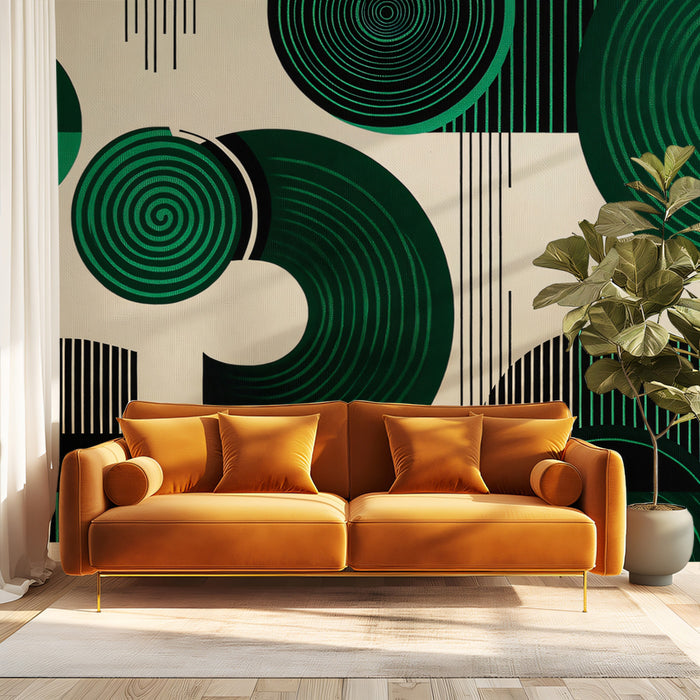 Abstract Green & Gold Geometric Pattern Mural Wallpaper | Modern Op Art Design