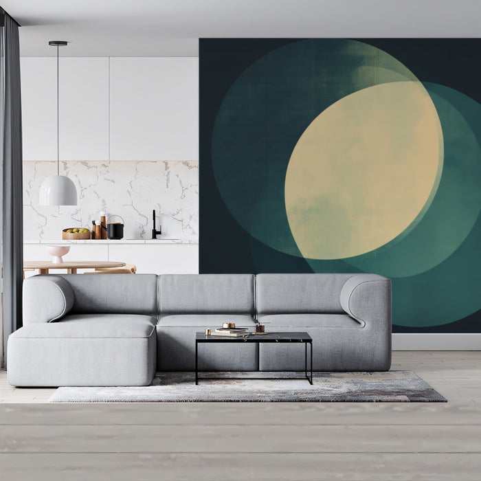 Abstract Overlapping Ovals Mural Wallpaper | Moody Geometric Art in Teal & Yellow