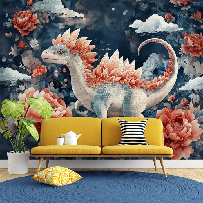 Whimsical Floral Dinosaur Mural Wallpaper | Magical Reptile & Bloom Fantasy