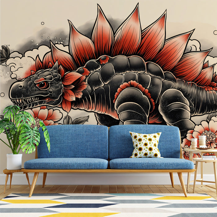 Dynamic Stegosaurus Tattoo Art Mural Wallpaper | Bold Reptile & Floral Design