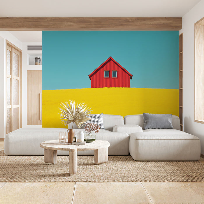Murale di una Casa Rossa Minimalista in un Campo Giallo | Paesaggio Architettonico Vivace