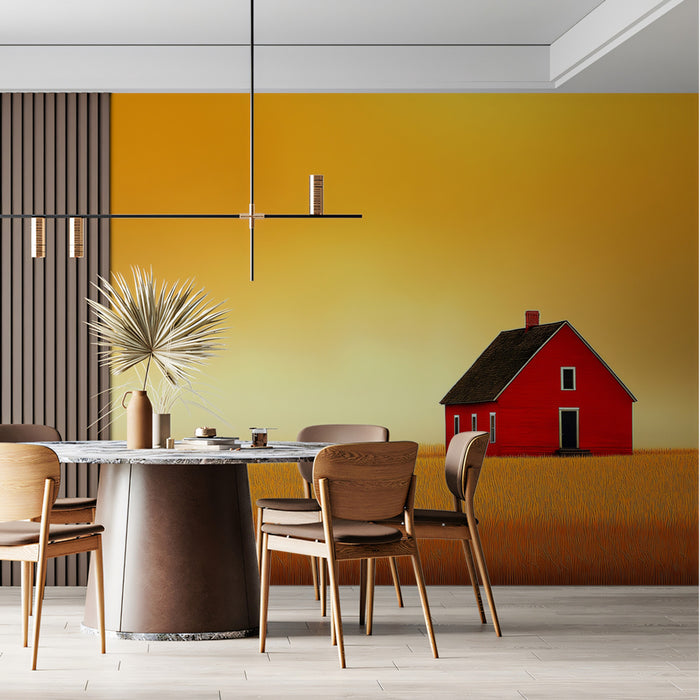 Serene Red House in Golden Field Mural Wallpaper | Tranquil Rural Landscape