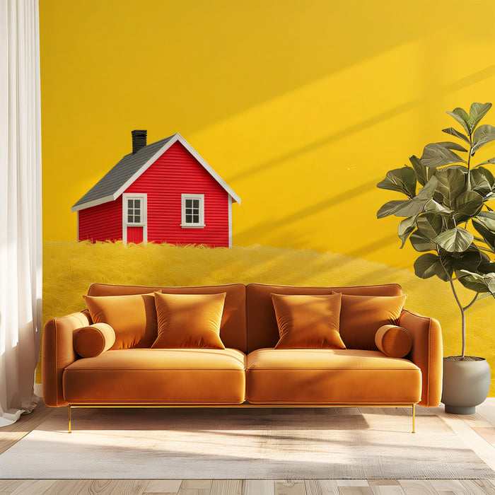 Minimalist Red House on Golden Hill Mural Wallpaper | Vibrant Idyllic Landscape