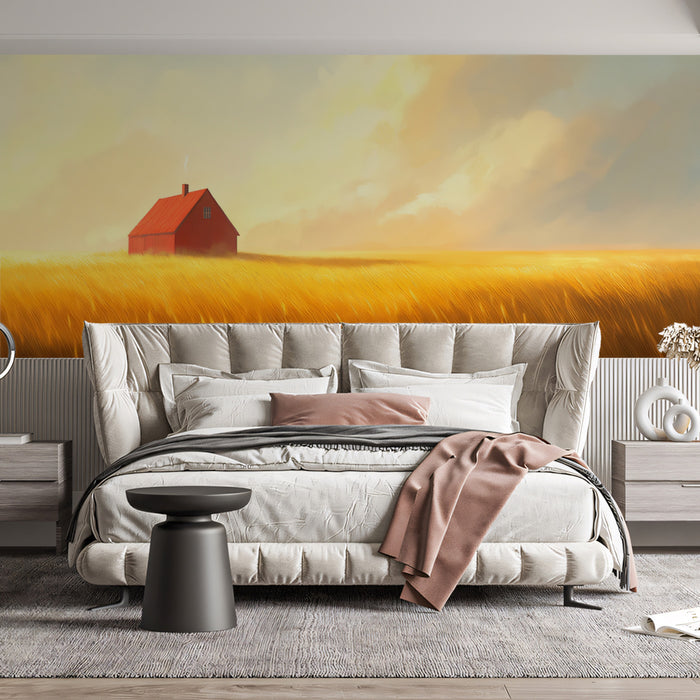 Dreamy Red House in Golden Field Mural Wallpaper | Ethereal Rural Landscape